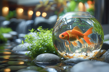 A vibrant orange goldfish is captured within a clear glass bowl, surrounded by smooth river stones and lush green plants, presenting a peaceful scene.の素材