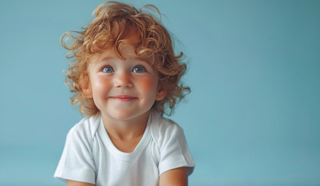 A joyful curly-haired young child is captured in a heartwarming portrait, exhibiting a wide smile and sparkling eyes.の素材