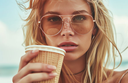 A woman with sunglasses holds a takeaway coffee cup, casually dressed, with a serene beach backdrop under a clear blue sky.の素材