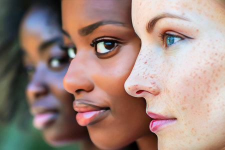 A close-up view showcases the profiles of three diverse women standing side by side, highlighting their unique facial features and skin tones. They exude confidence and unity, and their expressions are serene. The emphasis on diversity is evident in the varied skin colors and textures, celebrating beauty in its many forms.の素材