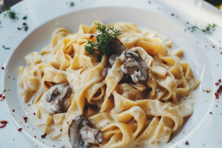 A serving of  pasta is garnished with chopped parsley and sliced mushrooms. The creamy sauce coats the noodles, resting on a rustic wooden table surrounded by whole tomatoes, a pepper grinder, and condiments in the background, suggesting a home-cooked meal ready to be enjoyed.の素材