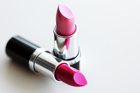 A close-up view showing a pink and a red lipstick with silver and black casing, one capless and the other closed, elegantly positioned against a pristine white backdrop, highlighting their vibrant colors and sleek designs.の素材