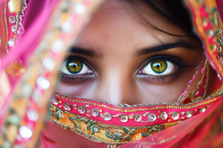 This image captures the intense gaze of a woman whose eyes are highlighted by a colorful, ornately decorated veil, focusing on cultural expression and identity.の素材