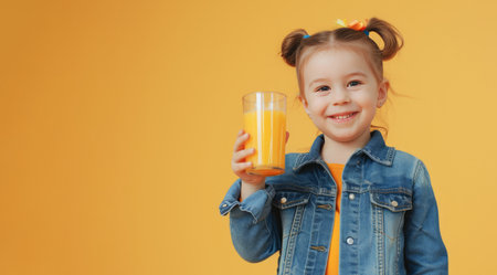 A cheerful young girl with two hair buns is dressed in a denim jacket while holding a glass filled with orange juice, standing against a vivid orange backdrop.の素材