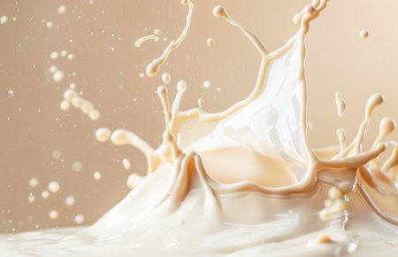 A high-speed photograph freezes a moment in time as a splash of liquid arcs elegantly against a soft beige backdrop, creating a sense of motion and fluidity.の素材