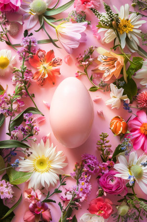 A speckled egg reminiscent of an Easter decoration sits prominently among a vibrant display of spring flowers, including daisies, with a striking pink backdrop creating a joyful and festive setting.の素材