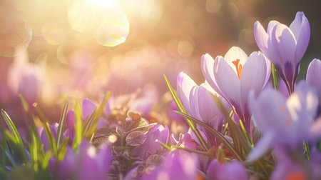 A cluster of vibrant purple crocus flowers emerges among fresh green grass, bathed in the warm, golden light of an early spring sunrise. The first signs of new life sprout, signaling the end of winter and the beginning of the blooming season.の素材