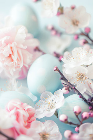 A delicately speckled Easter egg rests amongst a cluster of soft pink cherry blossoms, basking in the gentle glow of springs warming light. The scene is tranquil, capturing the essence of springtime renewal and festive celebration.の素材
