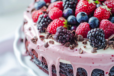 A rich, chocolate layer cake topped with an abundance of fresh berries, including raspberries, blackberries, and blueberries, sits on an elegant white plate. Drizzles of chocolate sauce cascade down its sides, all set against a soft, light background that enhances the vivid colors of the berries.の素材