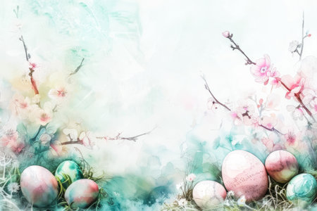 A serene scene captures the essence of spring, with an array of colorful Easter eggs placed delicately among the soft pink blossoms and fresh greenery, all set against a gentle pastel-hued backdrop evoking a sense of renewal and celebration.の素材