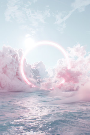 A tranquil scene showcasing the early morning sun casting a halo-like glow over a dense layer of clouds, bathed in soft pink and purple hues of the dawn light. The ethereal ring of light crowns the fluffy cloud, creating a sense of peace and solitude high above the world.の素材