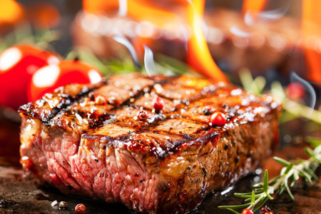 A juicy, medium-rare steak is being cooked on a barbecue grill, with flames licking the meat from below. Garnished with fresh rosemary and black and red spices, the steak sizzles amidst the heat, capturing the essence of a summer BBQ.の素材