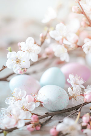 A delicately speckled Easter egg rests amongst a cluster of soft pink cherry blossoms, basking in the gentle glow of springs warming light. The scene is tranquil, capturing the essence of springtime renewal and festive celebration.の素材