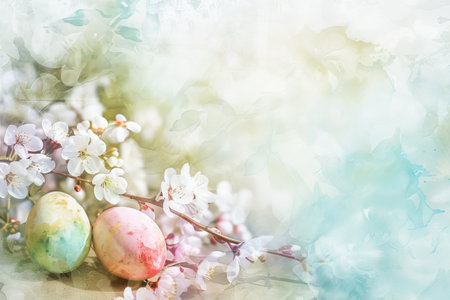 A serene scene captures the essence of spring, with an array of colorful Easter eggs placed delicately among the soft pink blossoms and fresh greenery, all set against a gentle pastel-hued backdrop evoking a sense of renewal and celebration.の素材