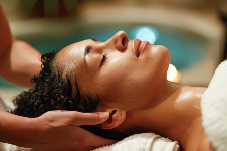 A young woman enjoys a soothing head massage by a professional therapist during a pampering session at a luxury spa.の素材