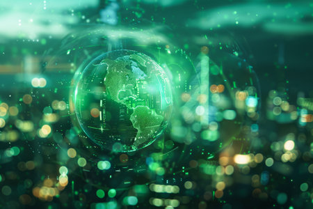 A visually compelling representation of global communication networks illustrates the intricate world of data transfer and internet connectivity. Digital streams connect a transparent globe against a backdrop of numbers and green binary code, emphasizing the digital infrastructure that powers our interconnected world.の素材