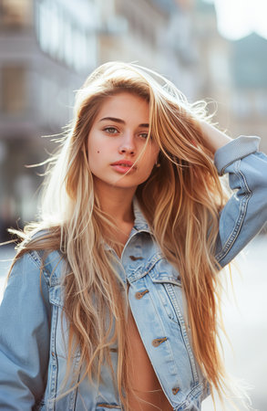 A young blonde woman, with a soft gaze into the camera, is captured touching her long hair. She is standing on a bustling city street, with buildings and store signage in the blurry background. Her casual yet stylish outfit complements the urban atmosphere of the scene.の素材