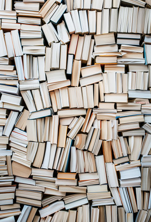 A chaotic arrangement of numerous books viewed from a top-down perspective. The books are stacked and scattered in a haphazard manner, suggesting a sense of disorganization or the aftermath of a search for a specific volume.の素材