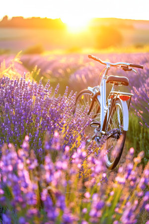A classic, vintage bicycle is perched elegantly in a lush field of blooming lavender, with the sunset casting a warm, golden glow over the serene landscape. The tranquility of the late evening surrounds the bicycle, evoking a sense of peace and the simple joys of rural life.の素材