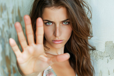A young woman with striking blue eyes and tousled brunette hair is holding her hand up in a stop gesture towards the viewer. She stands in front of a texturally rich, rustic wall, which adds depth and character to the scene. Her expression is serious and communicates a clear message of boundary or caution.の素材