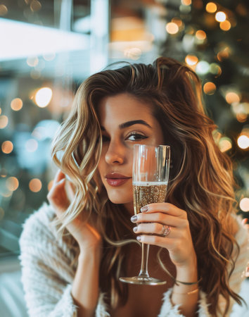 A woman with wavy hair and festive makeup holds a champagne glass delicately in her hand, partially obscuring her face, as she gazes into the distance beside a warmly lit Christmas tree, conveying a sense of celebration and sophistication.の素材
