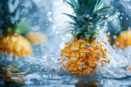 A ripe pineapple sits on a reflective surface, surrounded by a dynamic splash of water droplets captured in mid-air, highlighting the fruits vibrant textures and colors.の素材