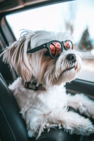 A fashionable small dog with fluffy fur is wearing a pair of round blue sunglasses, leaning out from the passenger side of a car, undoubtedly enjoying the breeze and the warmth of a sunny day. The dogs expression is one of contentment and curiosity as it gazes into the distance.の素材