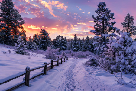 A serene twilight casts warm hues over a snow-covered forest path. Fresh snow blankets the landscape, clinging to the pine trees and wooden fence lining the trail. The sky is a mix of pink and purple, indicating the sun is setting or has just set. The untouched snow suggests recent snowfall, and the absence of footprints provides a sense of tranquility and untouched nature.の素材