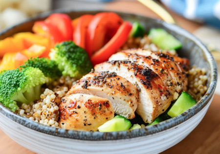 A well-balanced meal consisting of a juicy grilled chicken breast, accompanied by a side of quinoa and an array of fresh vegetables including broccoli, bell peppers, and sliced cucumbers, is presented in a ceramic bowl ready for a healthy lunch.の素材