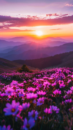 A stunning vista of purple wildflowers carpeting a mountainous landscape as the sun sets, casting warm hues across the sky and the rolling hills, while the distant mountains create a serene backdrop.の素材