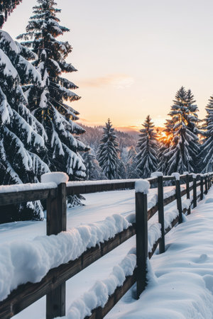 A serene winter landscape shows snow-blanketed pine trees standing against a pastel sunset sky. A rustic wooden fence lines the untouched snow, emphasizing the tranquil beauty of the mountains during the quiet evening hours.の素材