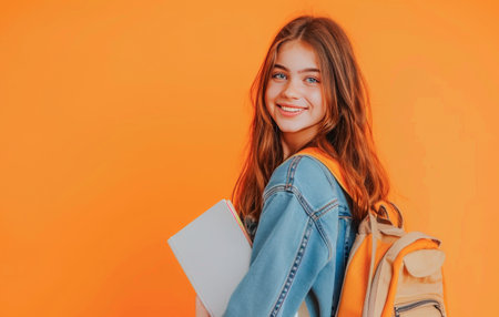 A happy young woman wearing a denim jacket and carrying a backpack looks over her shoulder with a smile. She holds a notebook in her hand, suggesting she may be on her way to or from a class. The warm orange backdrop hints at a sunny late afternoon setting.の素材