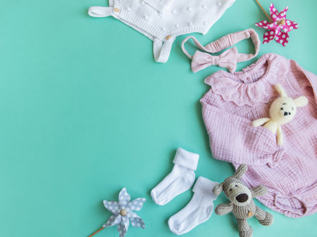 Set of pink clothes and accessories for newborn baby. Knitted toys rabbit and dog, romper, socks and handband.  Baby shower concept. Flat lay, top viewの写真素材
