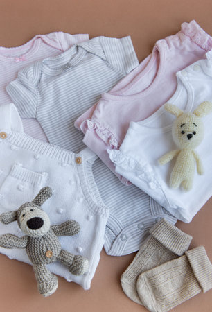 Set of pink clothes and accessories for newborn baby. Knitted toys rabbit and dog, romper, socks and...