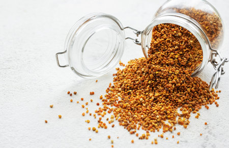 Healthy bee pollen grains.  Bee pollen on a glass jar