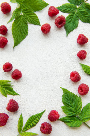 Fresh organic ripe raspberry with leaves on a concrete  backgroundの写真素材