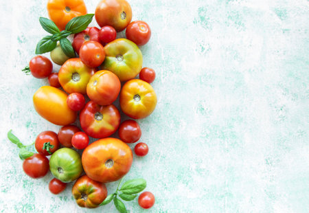 A vibrant collection of various heirloom and cherry tomatoes rests on a soft surface, enhanced by fresh basil leaves, showcasing a rich palette of colors.の写真素材