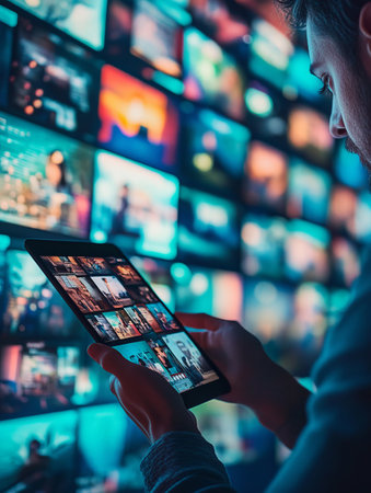 Video editor browsing online platform for choosing stock footage for project editing in post production studioの素材