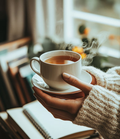 Woman relaxes at home on an autumn day, holding a steaming mug and reading a book by the windowの素材