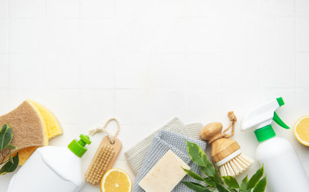 Natural cleaning products and tools promoting a zero waste lifestyle with copy spaceの写真素材