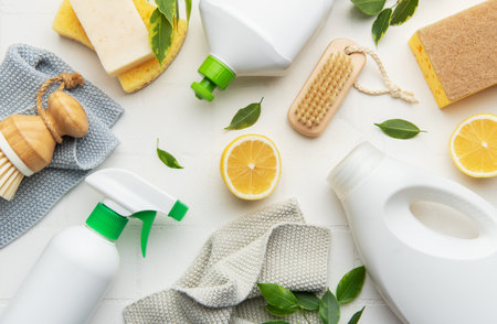 Natural cleaning products, lemon slices, brushes and sponges arranged on white surface promoting eco...