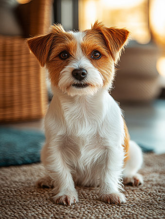 Small jack russell dog lying on a carpet in a modern living room, enjoying the cozy atmosphereの素材