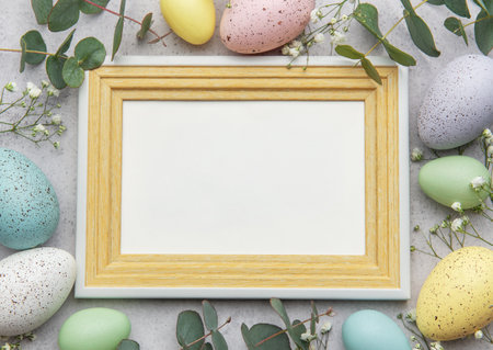 Easter mockup with wooden frame decorated with colorful eggs, eucalyptus leaves and gypsophila flowers on gray concrete backgroundの写真素材