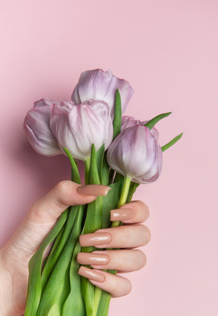 Woman's hand with perfect manicure holding delicate pink tulips on a matching pink backdropの写真素材