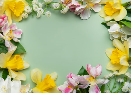 Spring flowers creating a colorful frame on a pastel green background, ideal for easter or springtime themesの写真素材