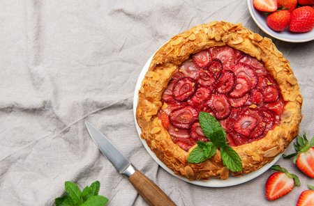 Freshly baked strawberry galette with almond flakes and mint leaves, served with fresh strawberries and milk, perfect for a summer dessertの写真素材