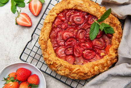 Freshly baked strawberry galette decorated with almond flakes and mint leaves, cooling on a wire rackの写真素材