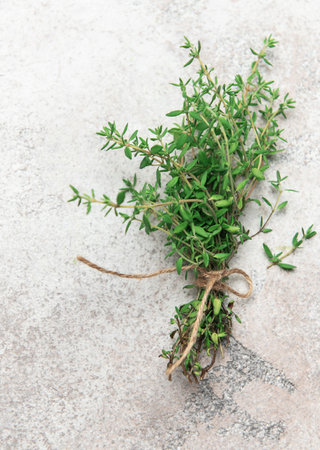 Bunch of thyme tied with twine on a textured backgroundの写真素材