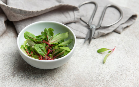 Microgreens of red chard are served in a small bowl, suggesting a healthy and fresh culinary...
