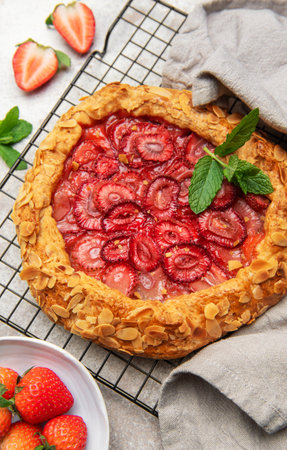 Freshly baked strawberry galette decorated with almond flakes and mint leaves, cooling on a wire...